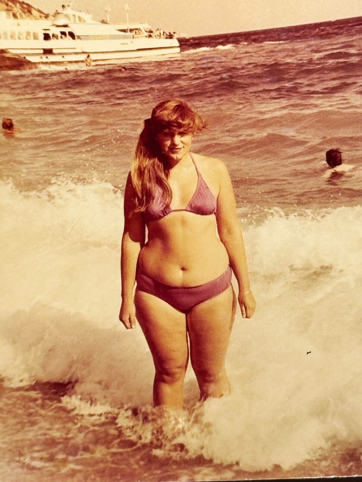 1980s Young Pretty Curvy Plus Size Woman Chic Hair Swimsuit Sea Vintage Photo