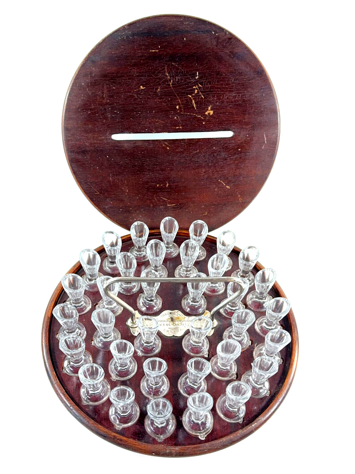Antique RARE 1895 LePage Catholic Church Communion Cup Glass Set OAK box 