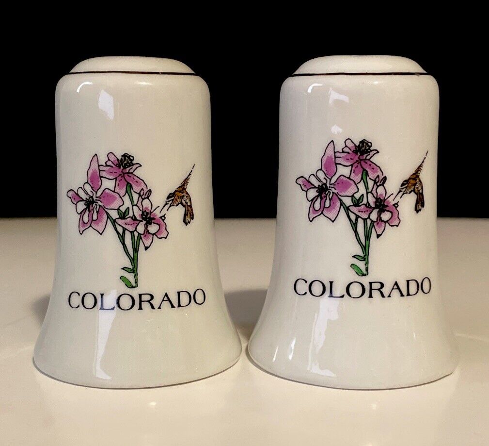 VINTAGE COLORADO SALT & PEPPER SHAKERS Blue Columbine State Flower W/Stoppers