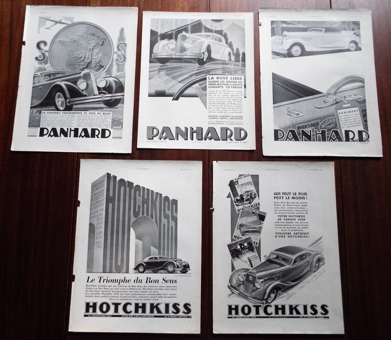 Vintage Lot of 5 1935 French Car Ads, Panhard and Hotchkiss Ads by A. Kow