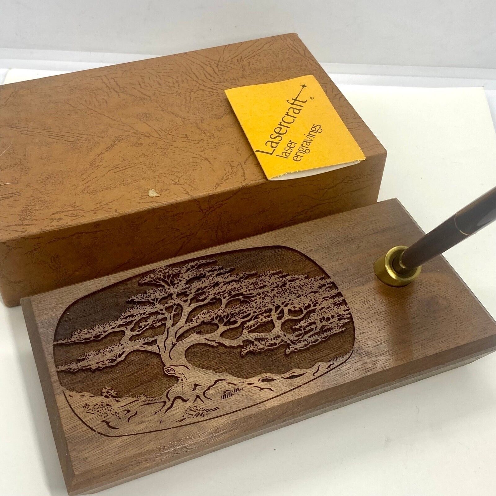 Vintage Lasercraft Laser Engraved Tree Walnut Wood Desk Set w/ Pen & Orig. Box