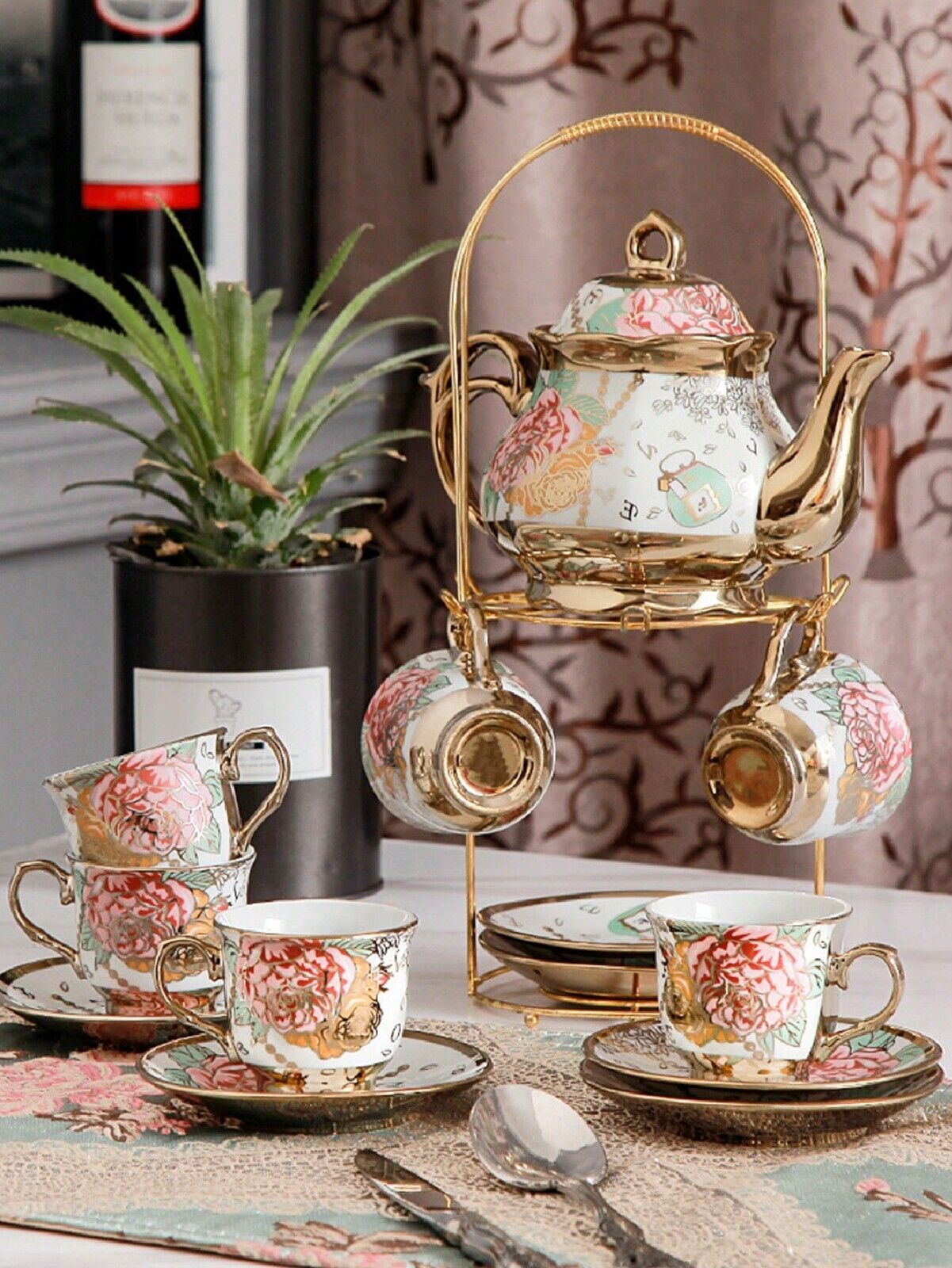 20pc Tea Set. Tea Pot 6 Cups + Saucers &Rack Coffee Cup Set Gold Color 3 oz Cup