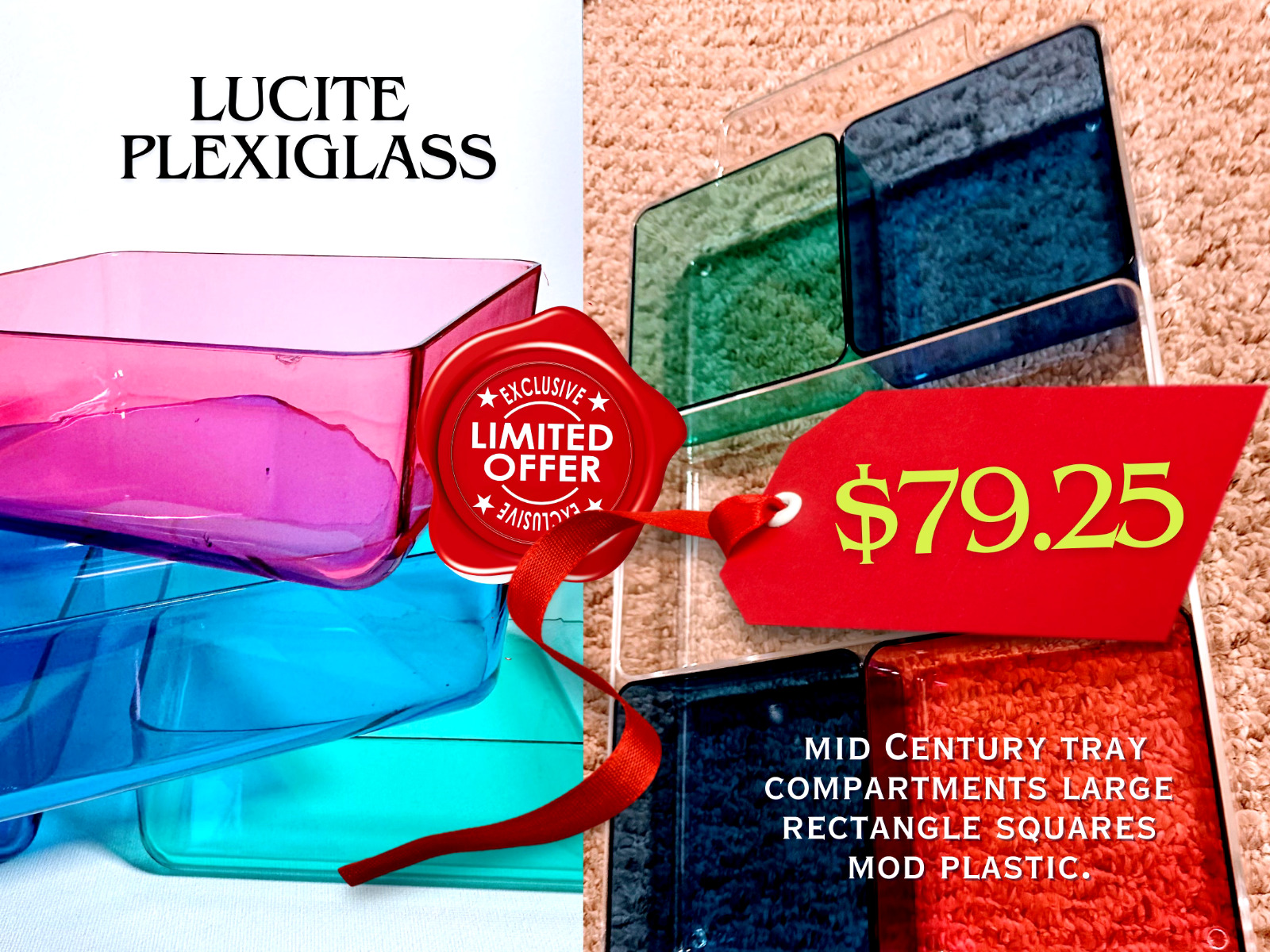 Lucite plexiglass mid Century tray compartments large rectangle  mod plastic.