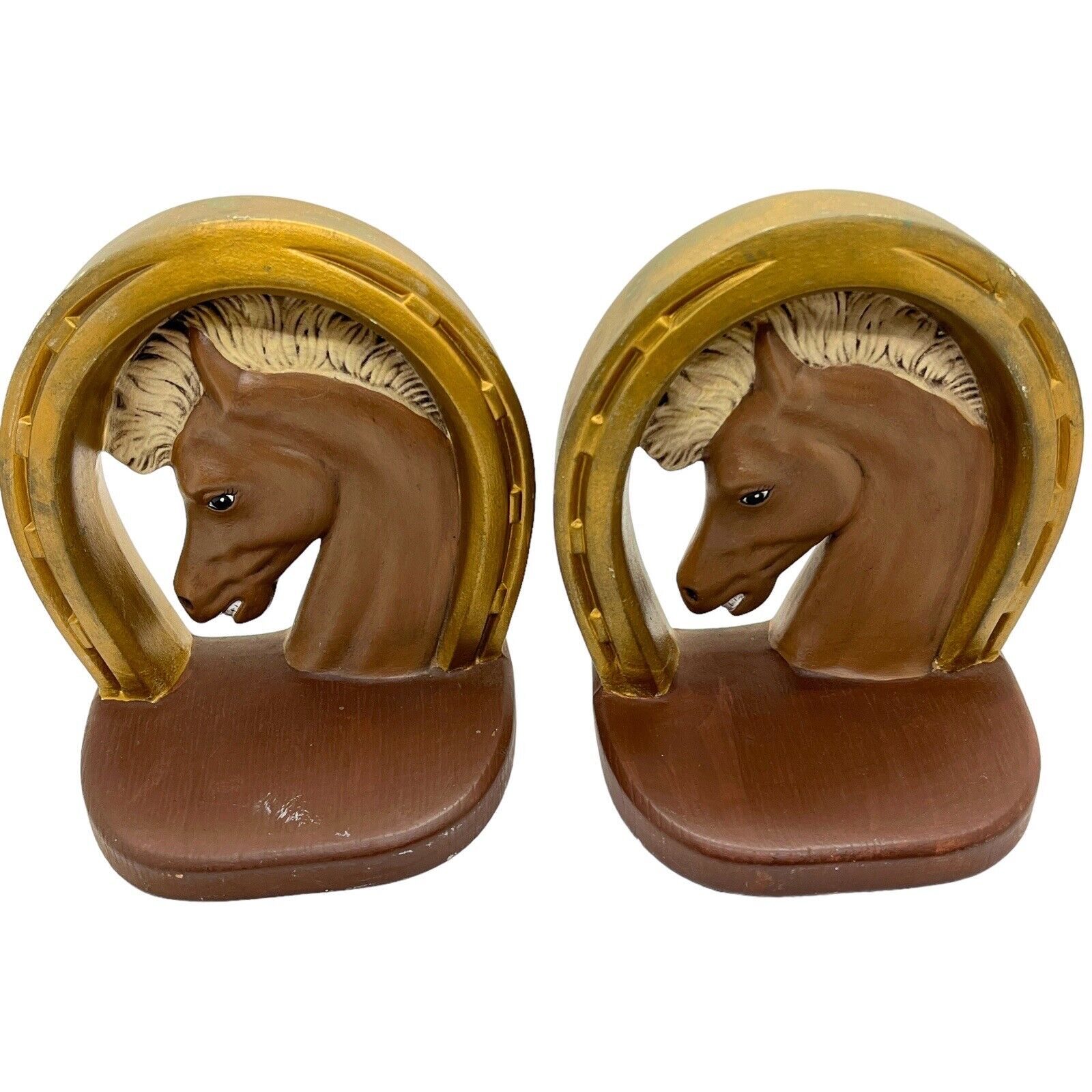 Horse & Lucky HorseShoe Bookends Painted Vintage Retro Ceramic Chalkware Kitsch