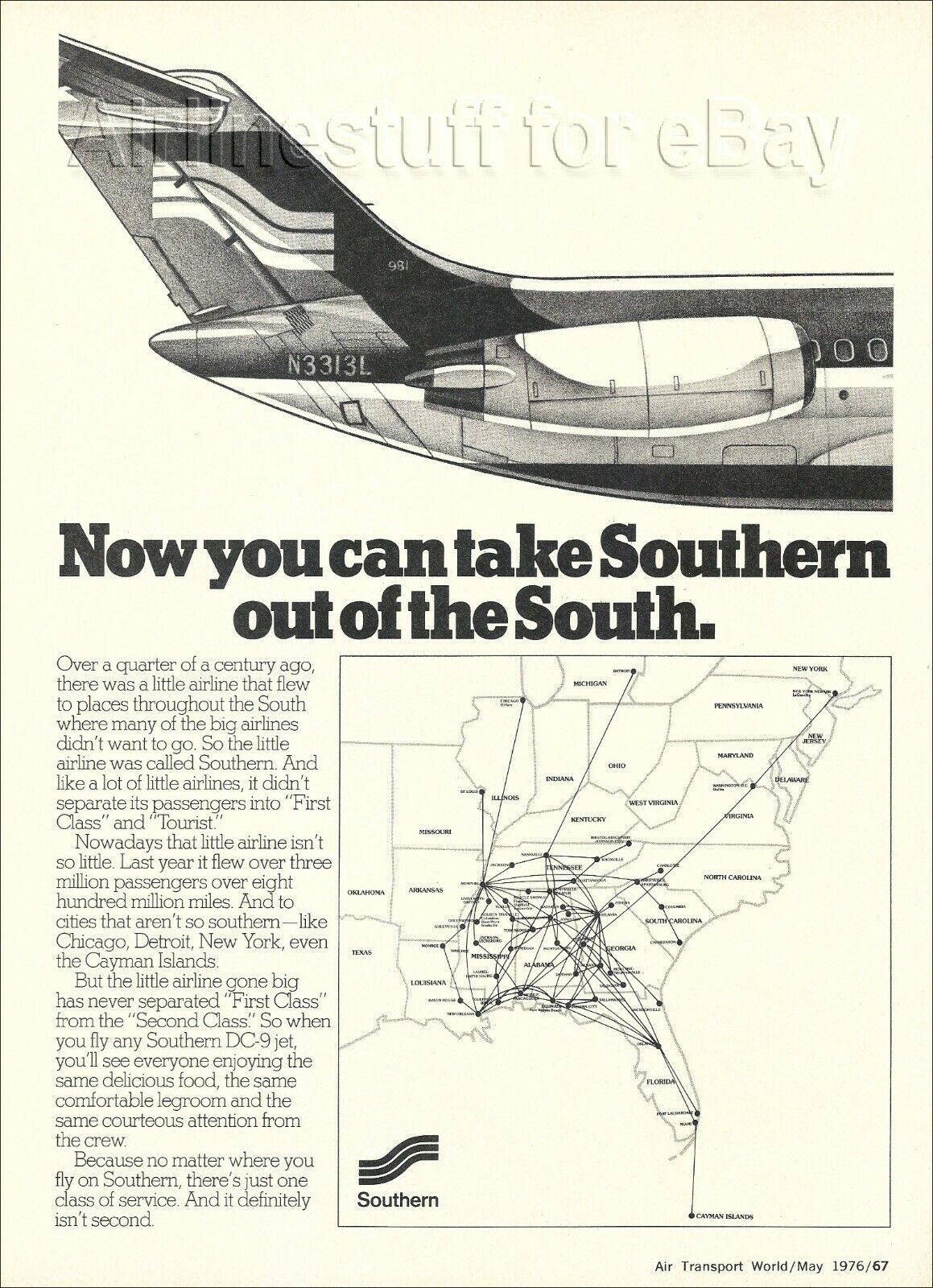 1976 SOUTHERN Airways McDonnell Douglas DC-9 AD airlines advert N3313L route map