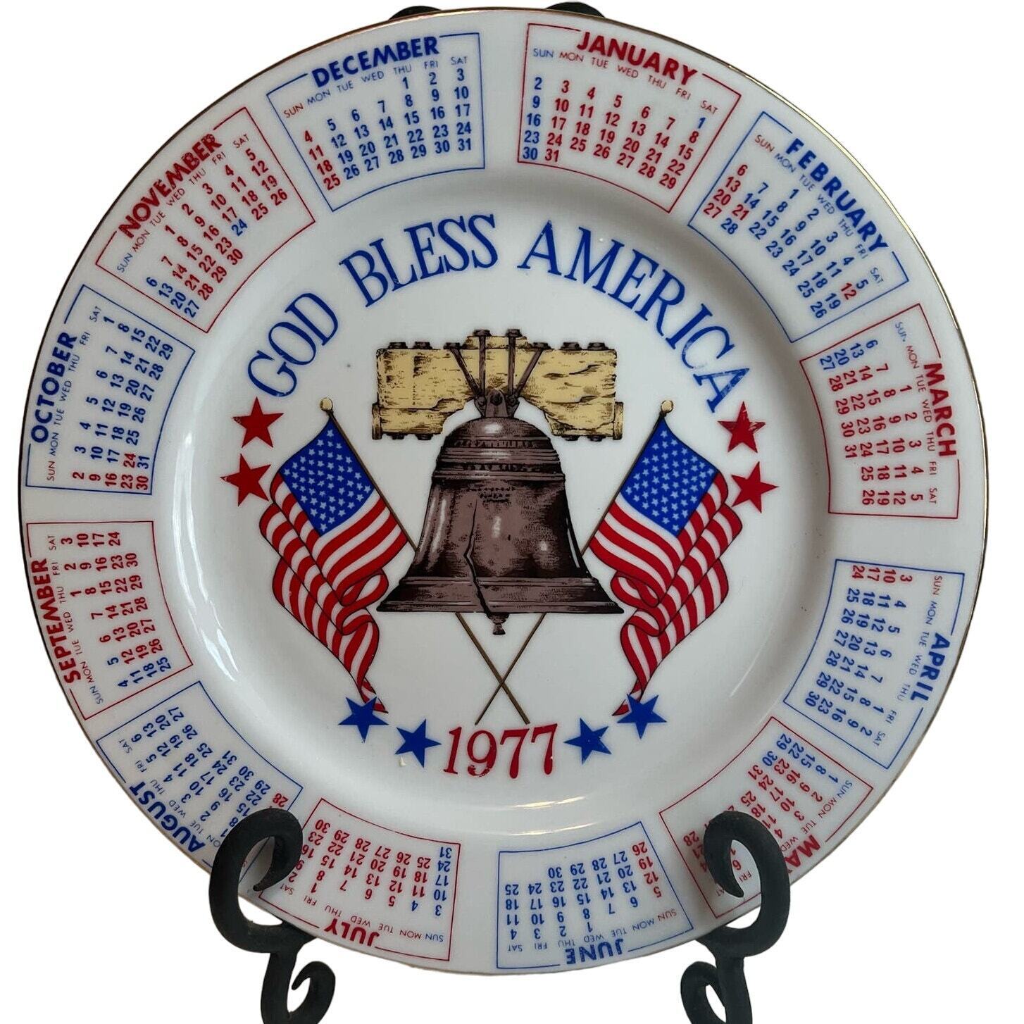 Vintage 1977 God Bless America Flag Liberty Bell Calendar Year Patriotic Plate