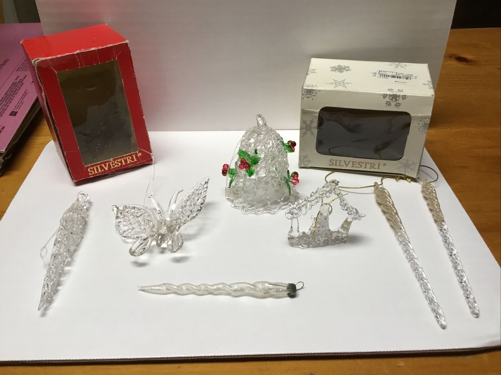 Vintage Glass Christmas Ornaments Icicles, Bell, And Two Sylvestri Empty Boxes