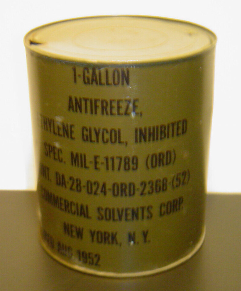 Vtg. 1952 Military Green 1 Gallon Antifreeze Can Empty Commercial Solvents Inc.