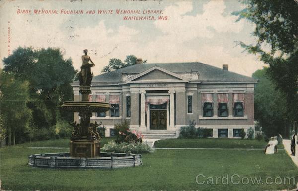 1908 Whitewater,WI Birge Memorial Fountain and White Memorial Library Wisconsin