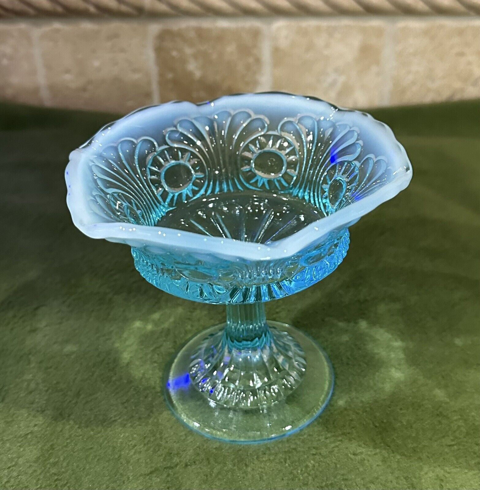 Vintage Blue Fenton Opalescent Glass Pedestal Candy Dish