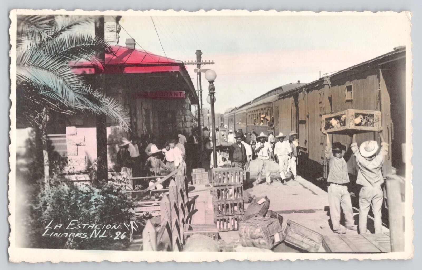 Postcard RPPC Mexico Linares Train Depot Station Nuevo León Hand Colored Vintage