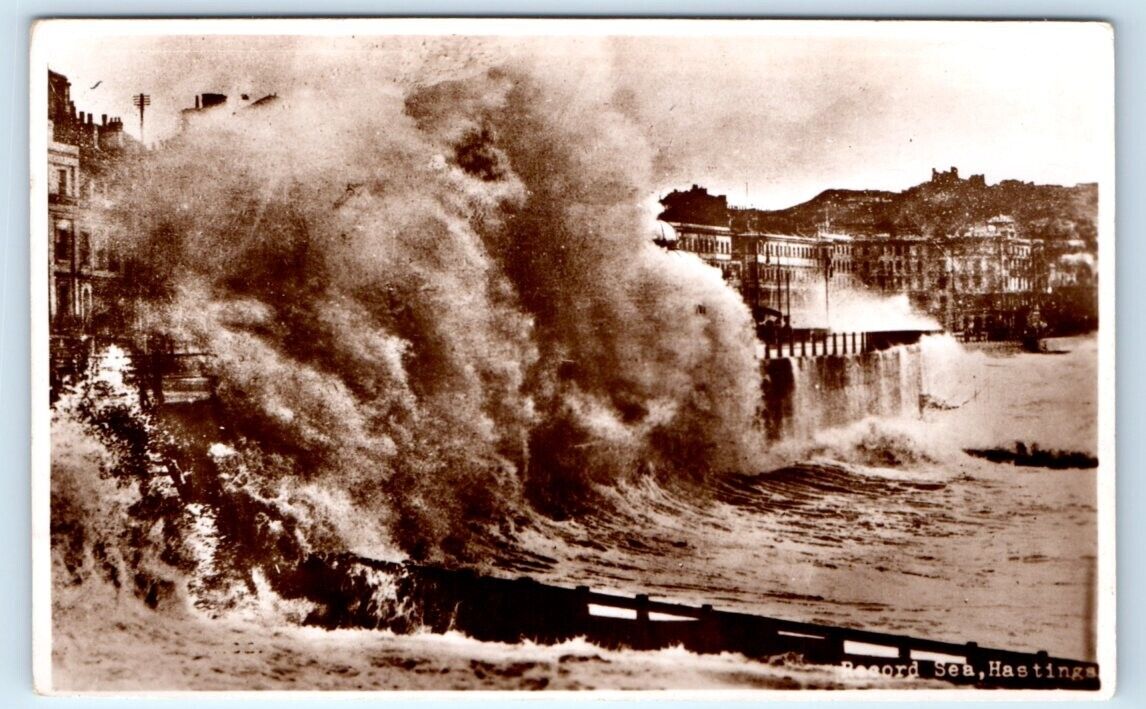 RPPC Record Sea HASTINGS huge wave Sussex ENGLAND UK Real Photo Postcard