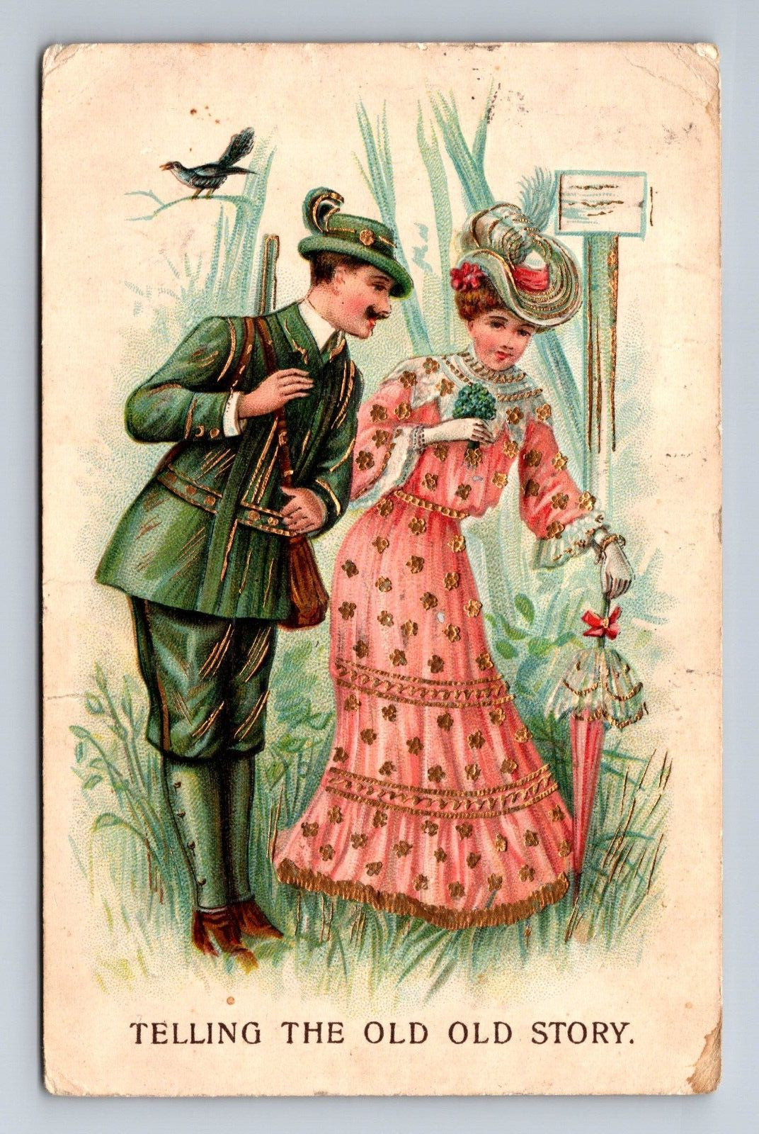 Romantic Couple Fancy Hats Telling The Old Story Embossed Postcard c1907