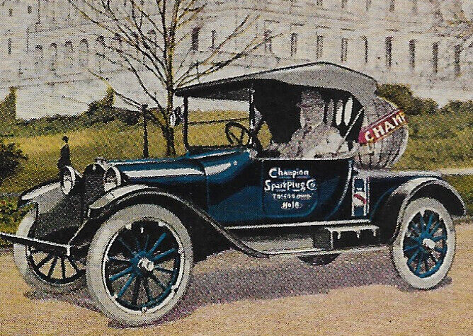 1915 champion spark plug advertising car @ front @ national capital DC postcard