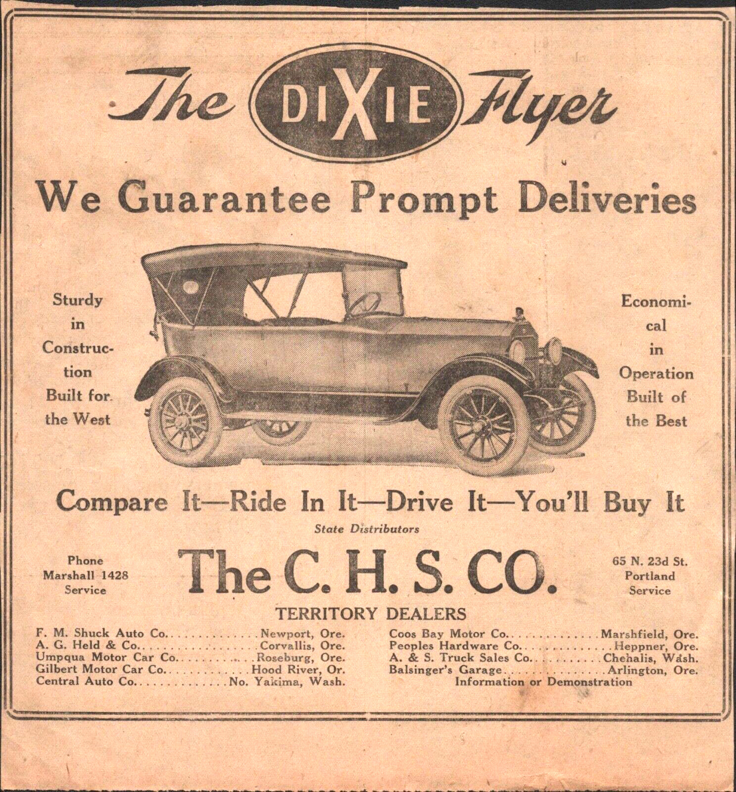 1910s THE DIXIE FLYER old newspaper advertisement RARE AUTOMOBILE Oregon Dealers