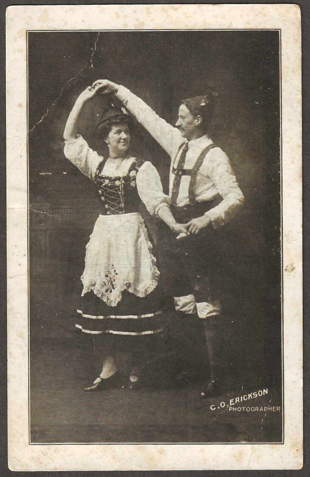 Dancing German Couple Wearing Lederhosen & Dirndl Vintage Postcard Unposted