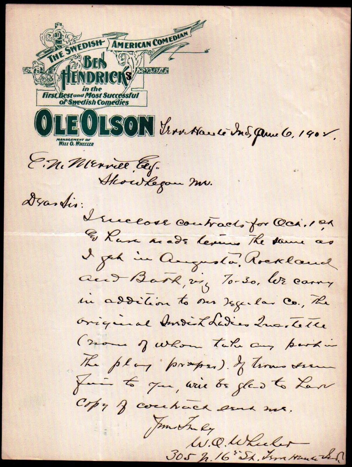 1902 Terre Haute In - Swedish American Comedian - Ole Olson - Letter Head Bill