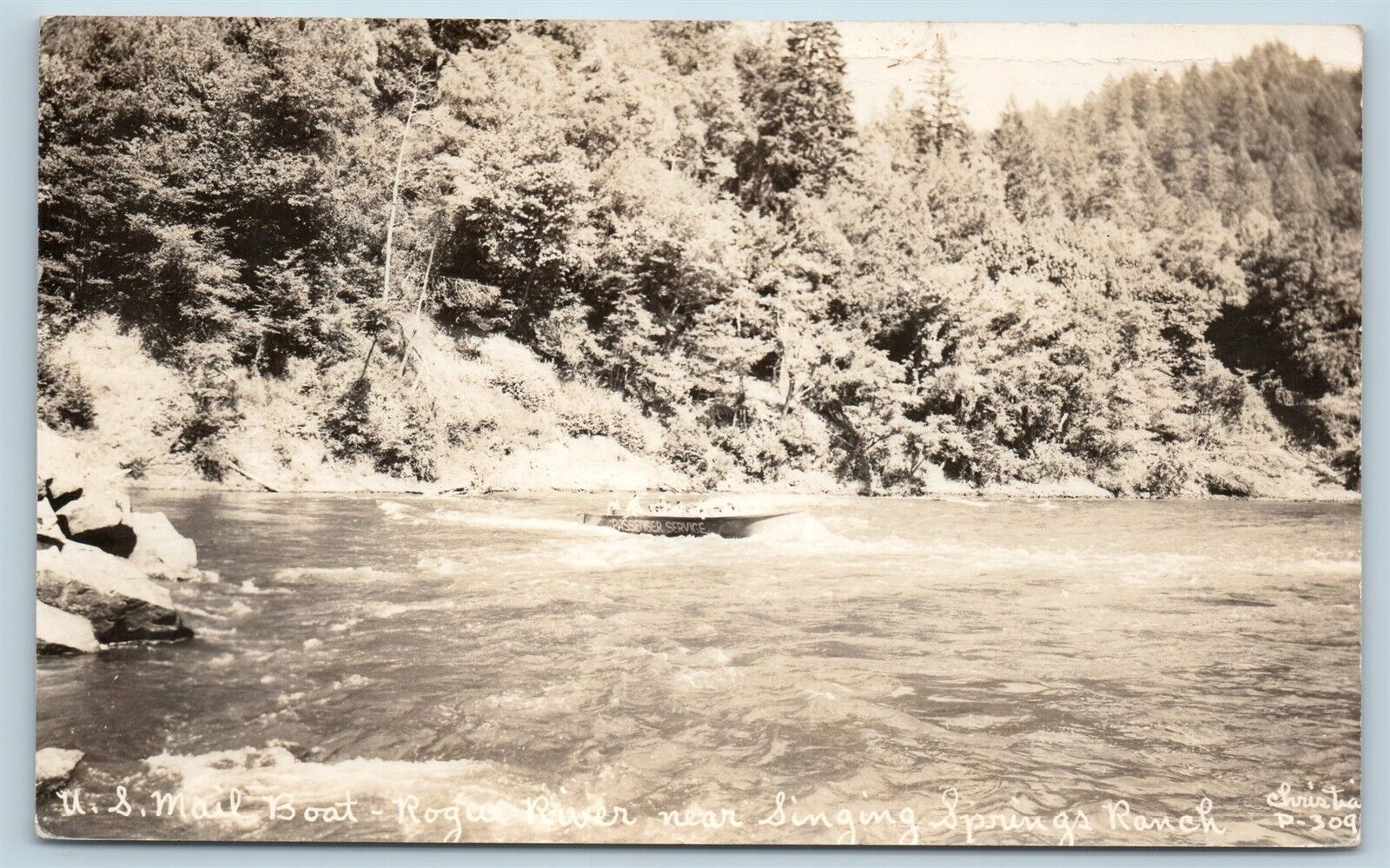 Postcard OR US Mail Boat on Rogue River Near Singing Springs Ranch RPPC Photo W5