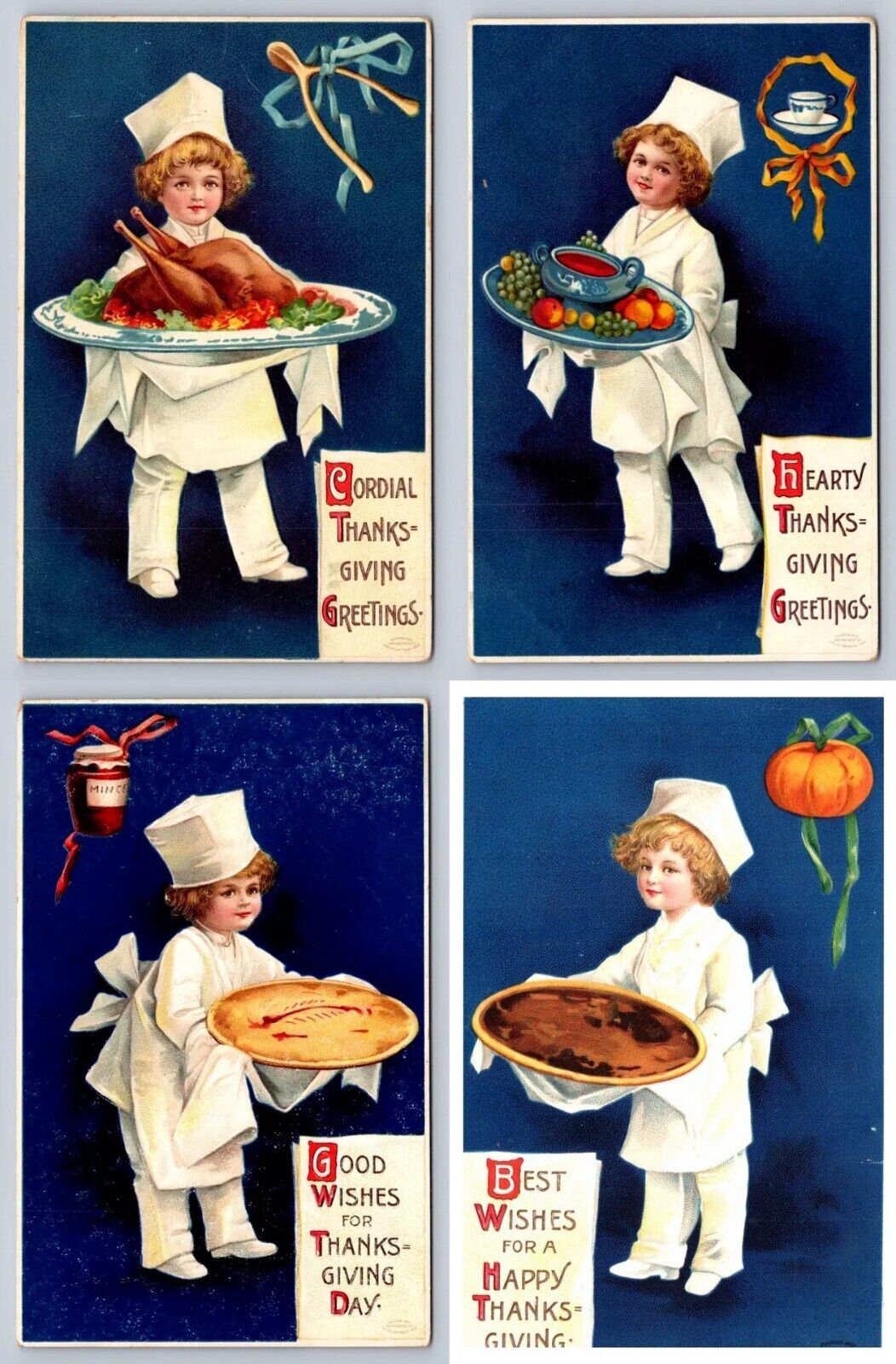 Set of 4 Clapsaddle Thanksgiving Little Chefs~Pies~Turkey~Food~Postcards Lot