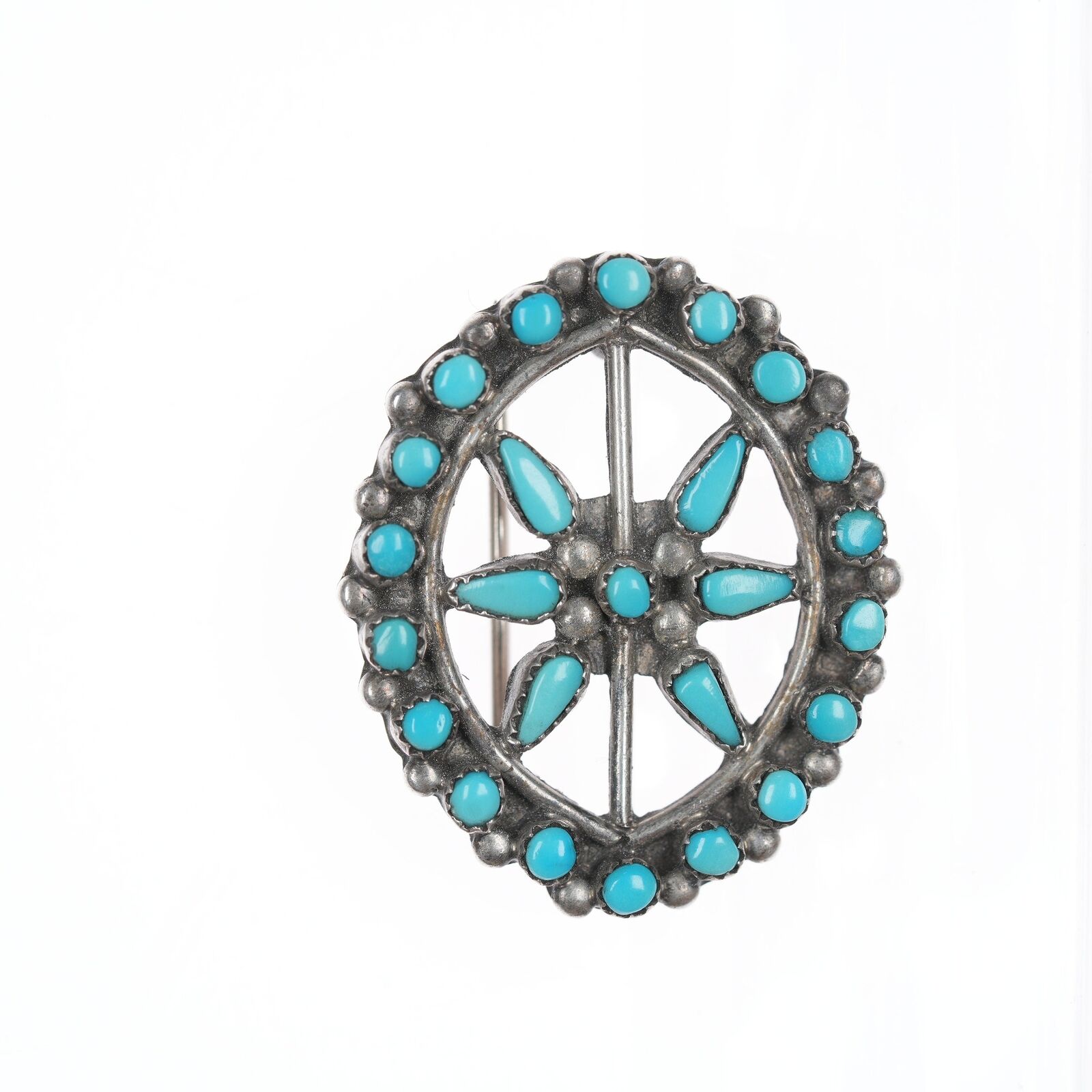 c1950's Zuni Silver Sleeping Beauty turquoise wagon wheel pendant/pin