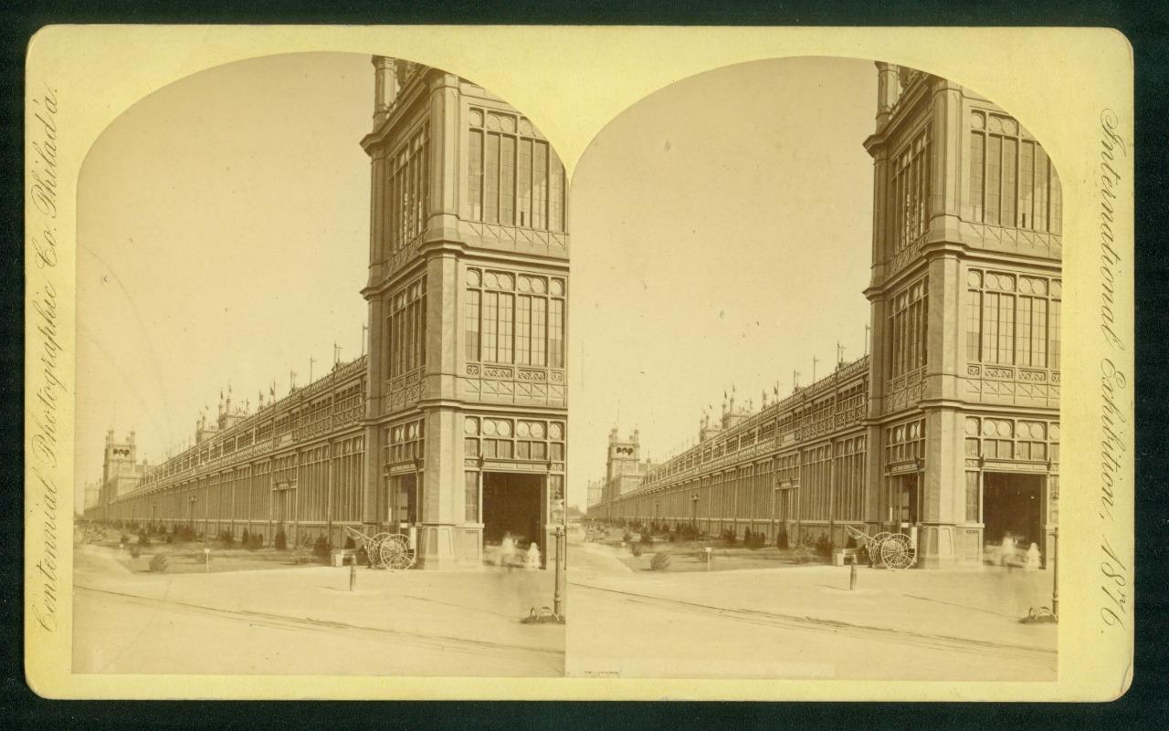 b171, Centennial Photo. Stereoview, #-, Main Building, NW Entrance, Expo, 1876