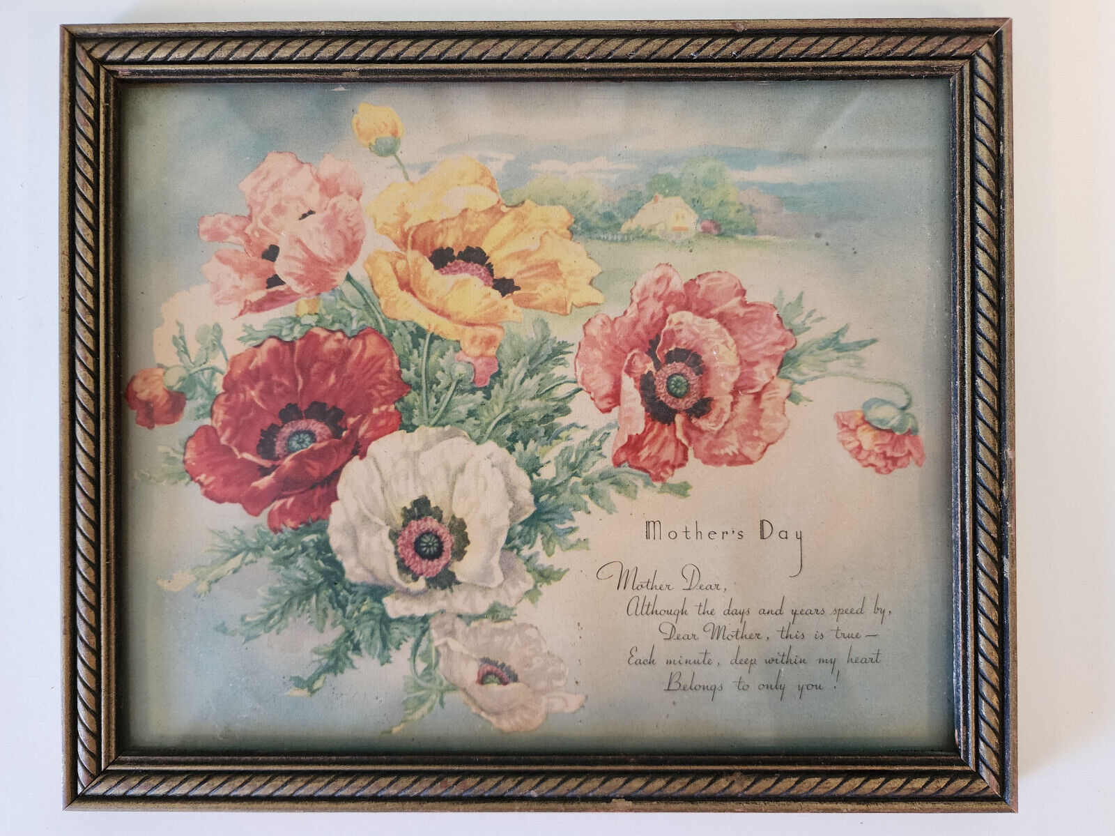 Vintage framed Mother\'s Day picture of poppies, a cottage, and poem