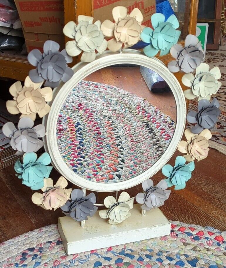 Fabulous Vintage Boho Table Drssser Top Mirror Metal Flowers All Around Mirror