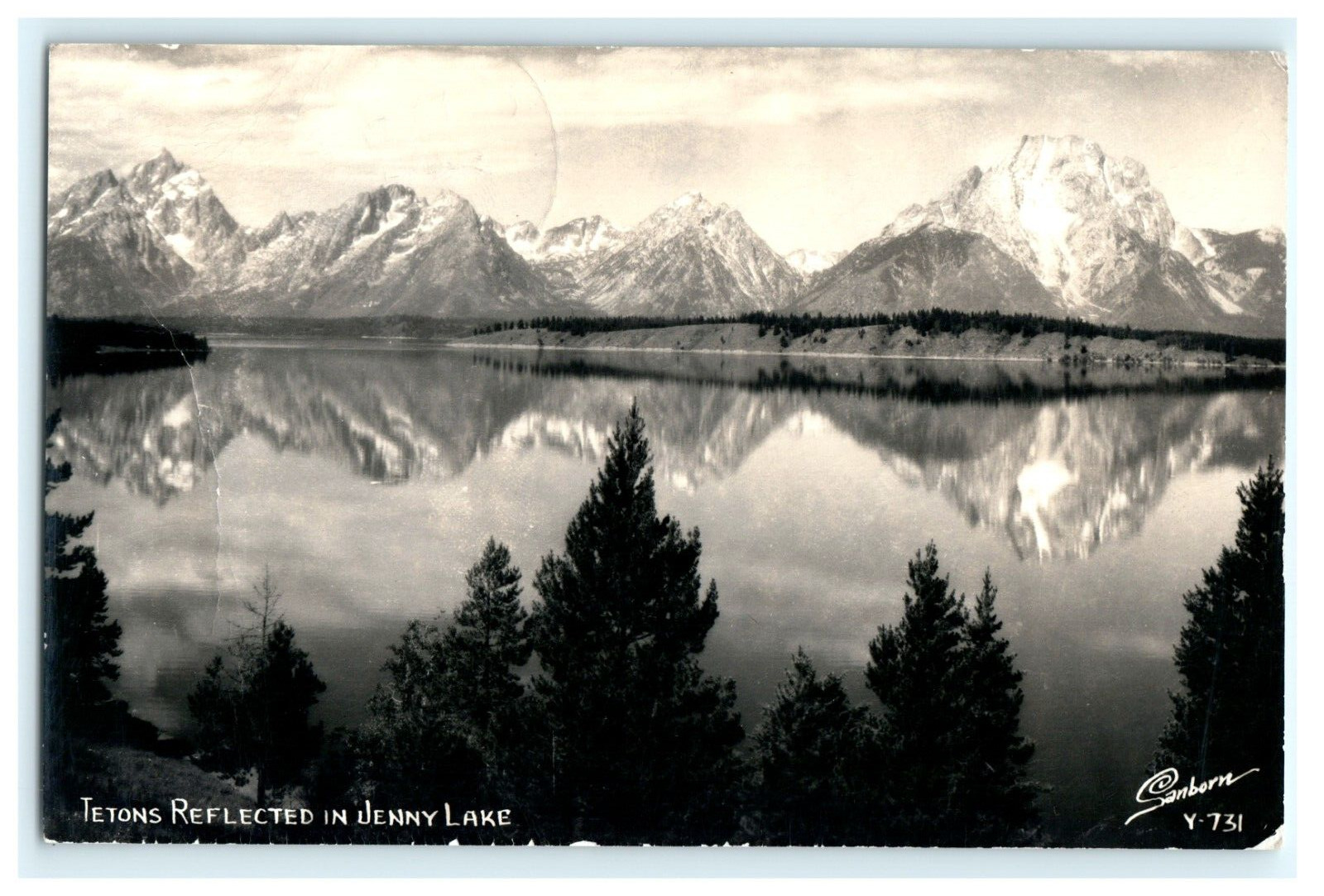 1953 Tetons Reflected in Jenny Lake Wyoming - Sanborn RPPC Real Photo RPO Cancel