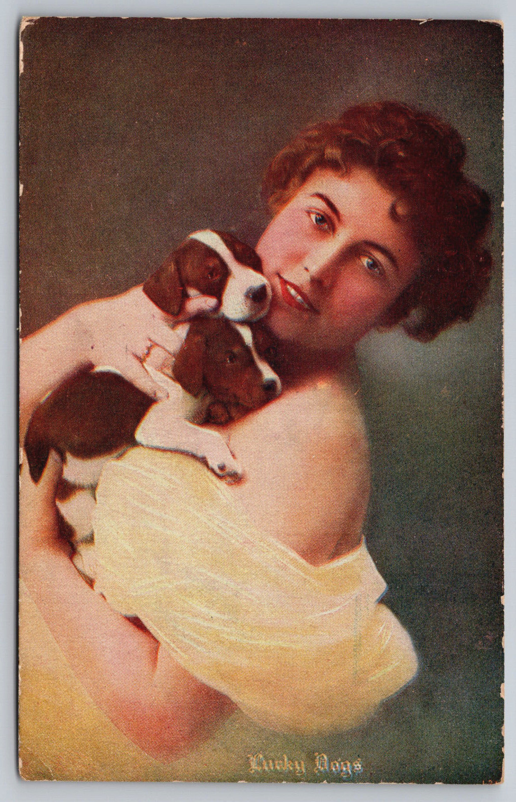 Postcard Lucky Dogs Woman With Puppy Dogs Unposted 3 Cent Stamp Vintage 1948