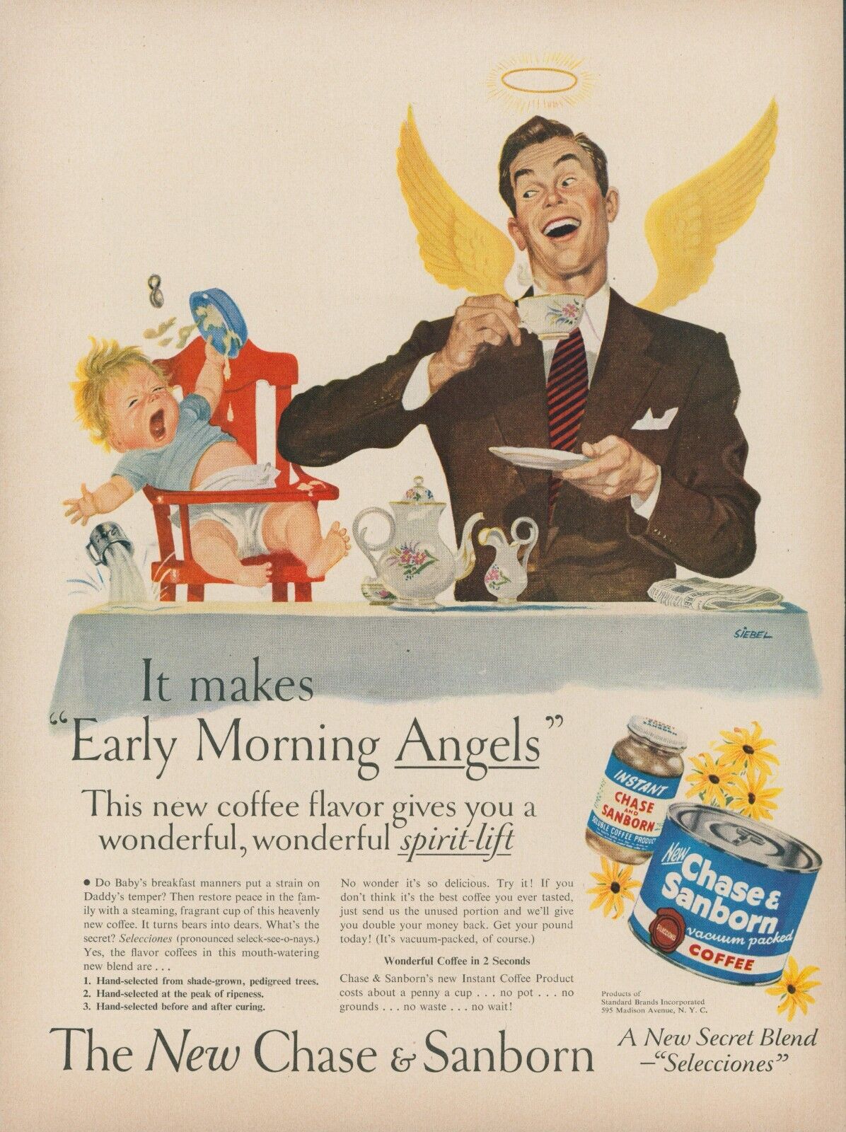 1949 Chase & Sanborn Coffee Vintage Print Ad Man Angel Wings Halo Upset Baby L2
