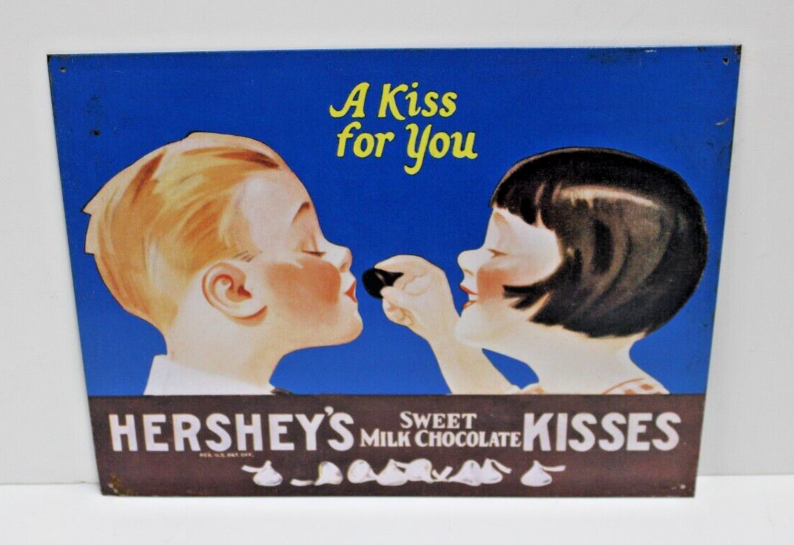 Vintage 1990 Hershey\'s Chocolate Kisses Metal Tin Sign 16”x12” A Kiss For You