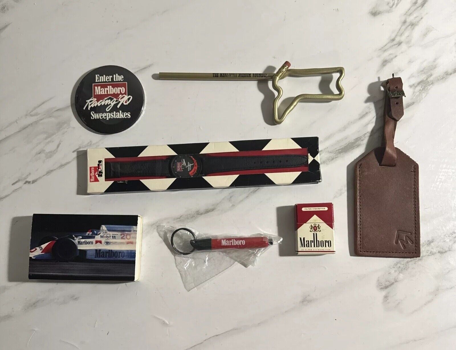 Vintage Marlboro Racing Watch, Matches, Pin, Luggage Tag, Flashlight, Pencil
