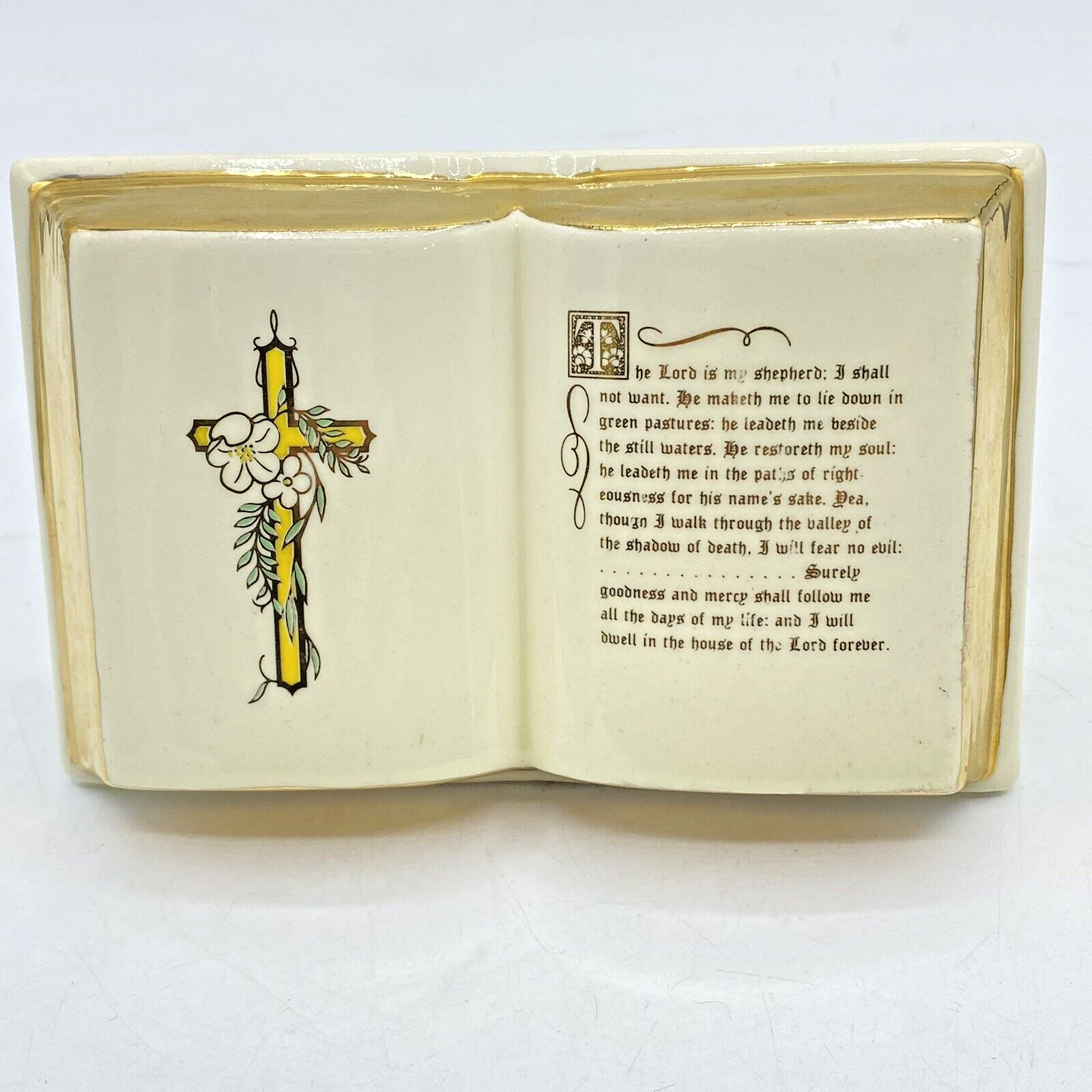 Vintage Open Bible Book The Lord Is My Shepherd  Ceramic Tabletop White/Gold