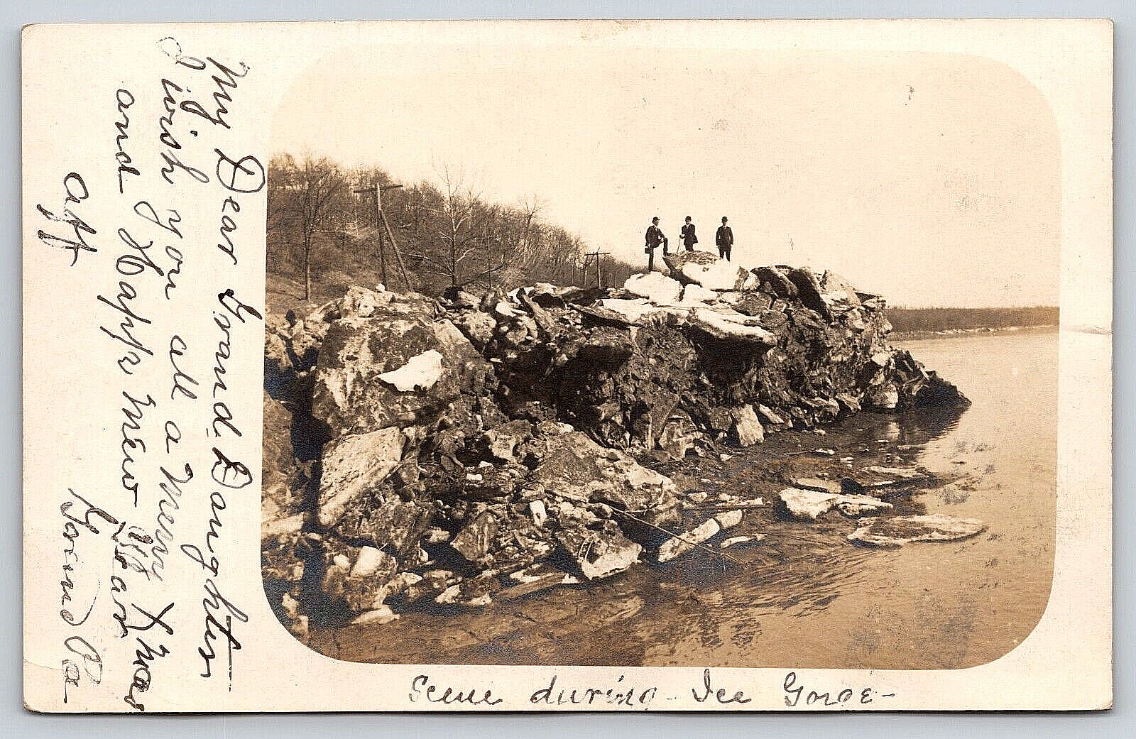 Original Vintage Antique Postcard Real Photo People Rocks River Ice Gorge RPPC