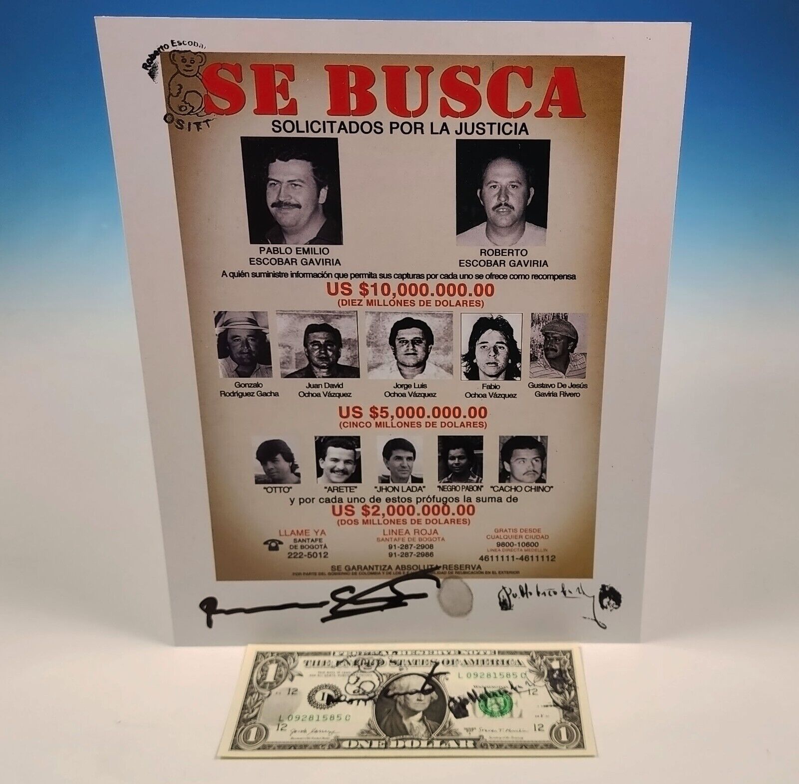 Pablo Escobar Wanted Poster $1 Bill Roberto Autograph Signed Fingerprint Narcos