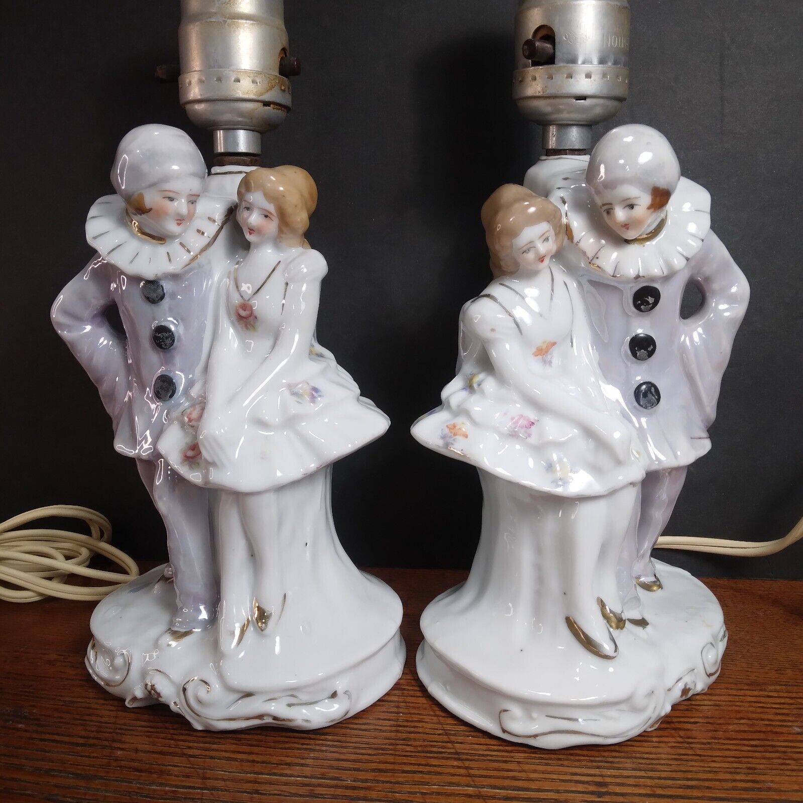 PRIVATE LISTING FOR 2 Porcelain Boudoir Lamps Pierrot Pierrette Vtg Japan Works