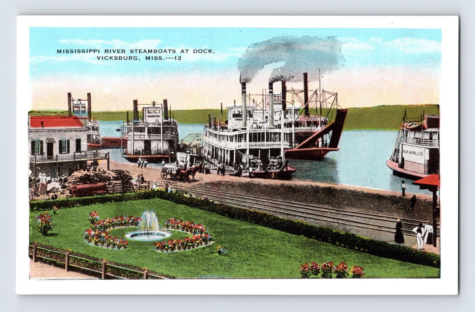 Postcard Mississippi Vicksburg MS River Steamboats 1930s Unposted White Border