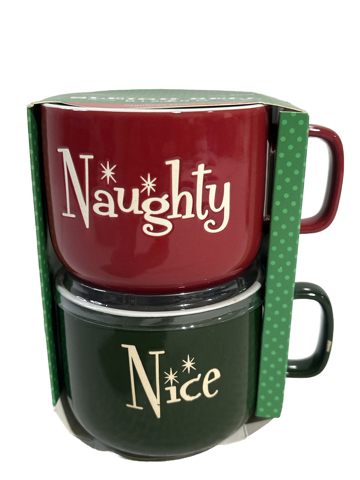 2014 Sleigh Bell Stacking Mugs 13oz 2pc NIB NAUGHTY AND NICE MUGS
