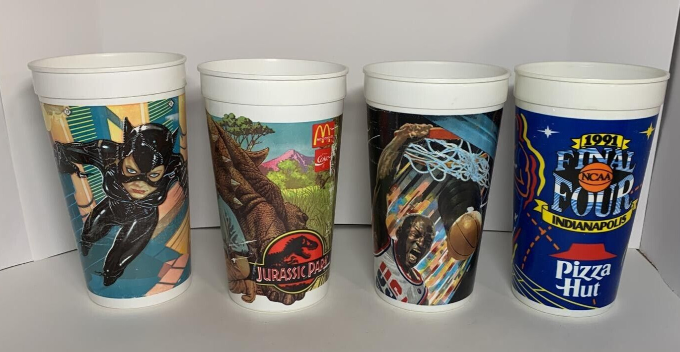 Lot Of 4 1992 McDonalds Cups Catwoman / Jurassic Park / Jordan / Final Four 91