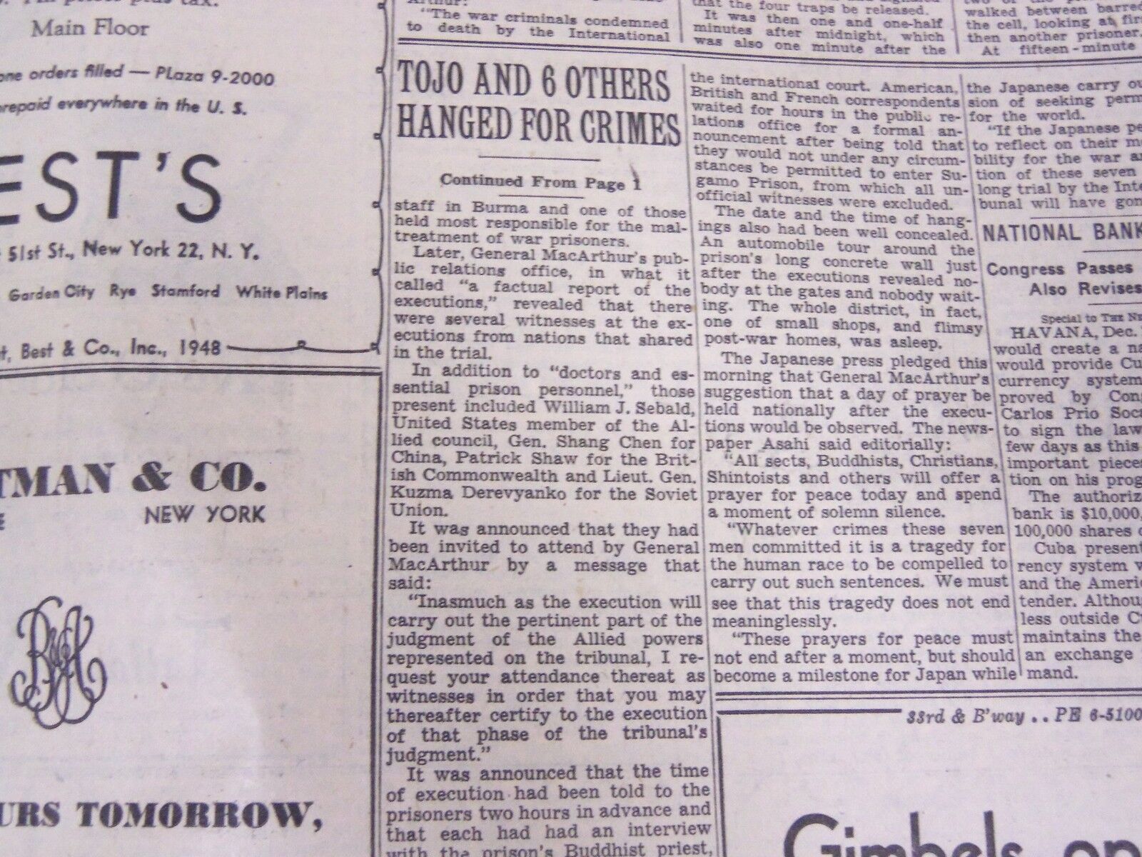 1948 DECEMBER 23 NEW YORK TIMES - TOJO AND 6 OTHERS HANGED - NT 3741