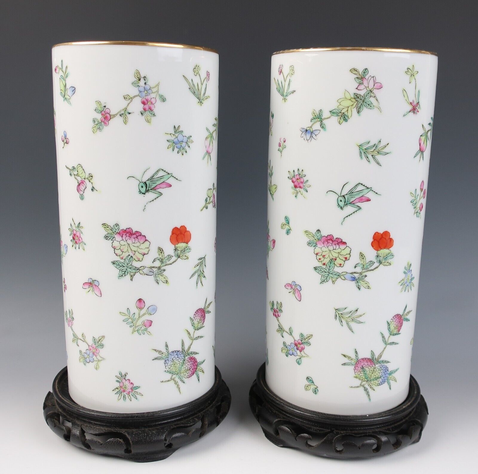 Pair Vintage Chinese Porcelain Insects & Flowers Cylinder Vase Famille Rose