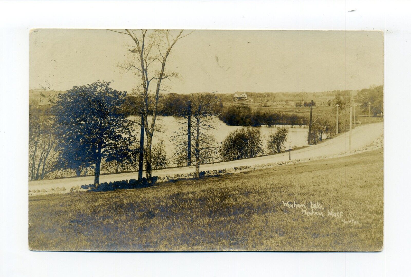 Wenham MA 1908 RPPC photo postcard, Wenham Lake, street view, homes in distance