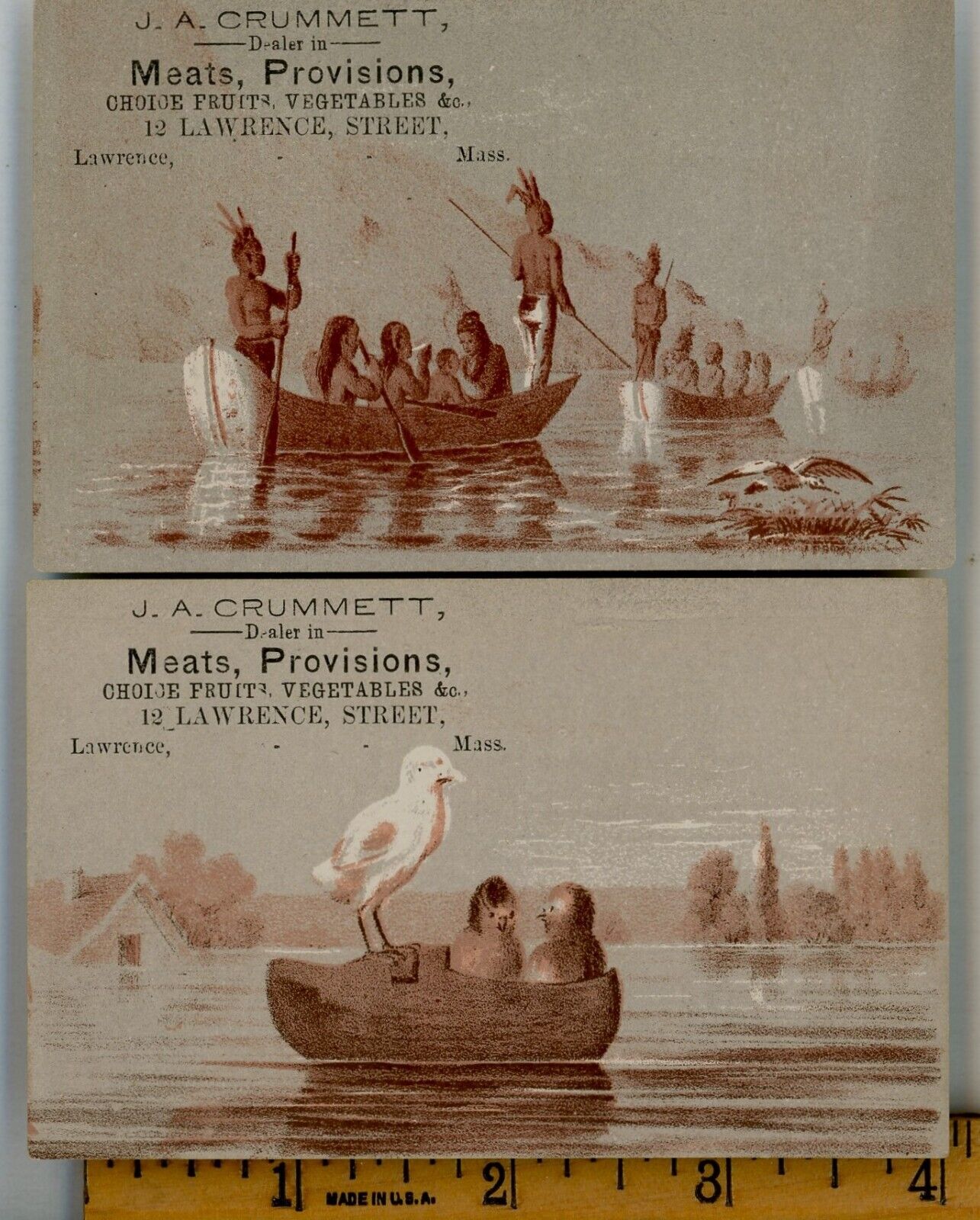 2 Victorian Trade Cards Lawrence MA Crummett Meats Provisions Indians Canoe Duck
