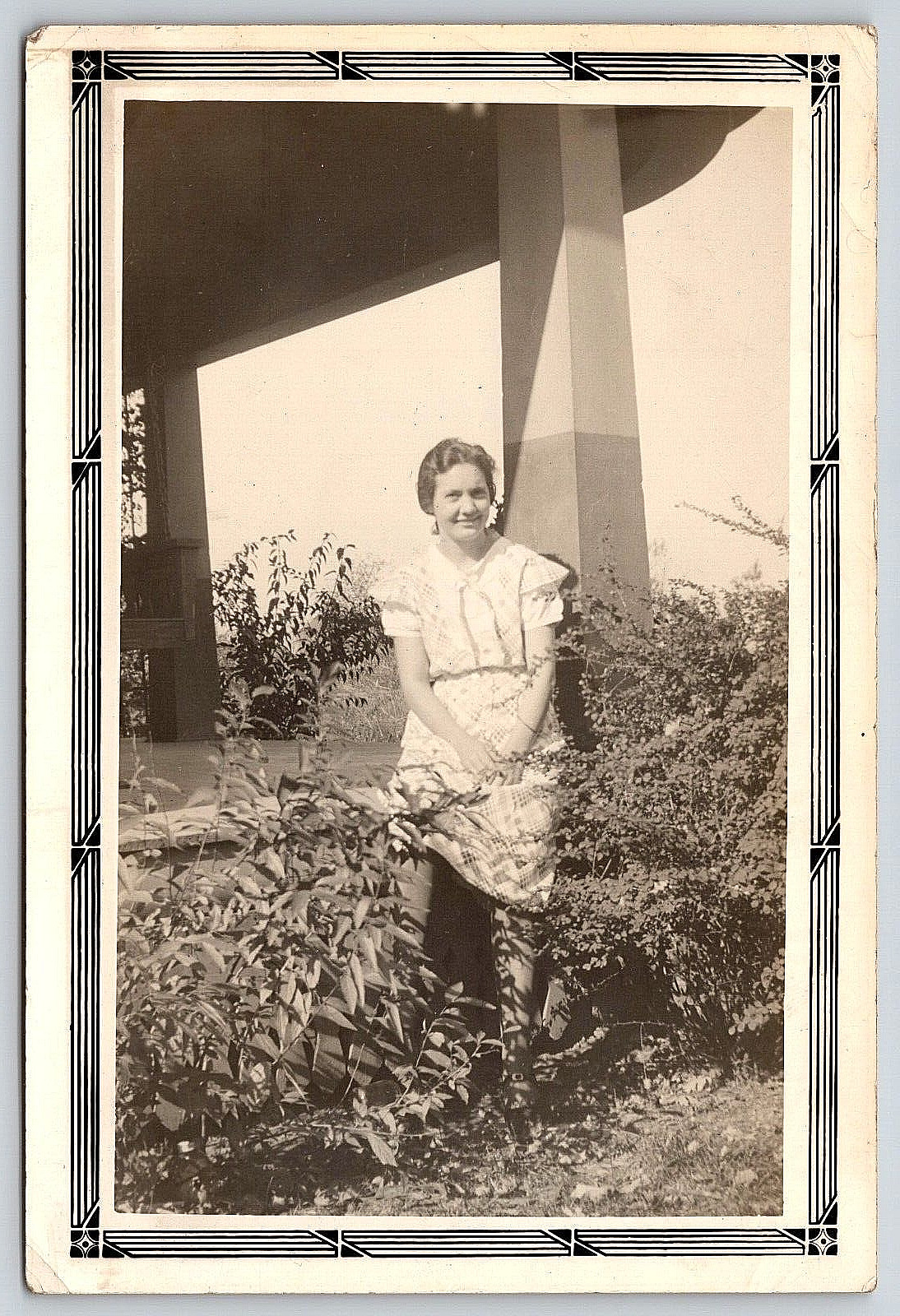 Photograph Vintage Snapshot Woman Girl Dress Fashion House Porch Outdoors B&W