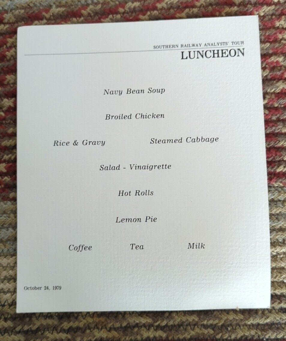 Vintage Southern Railway Railroad Analysts\' Tour Lunch Menu October 24, 1979
