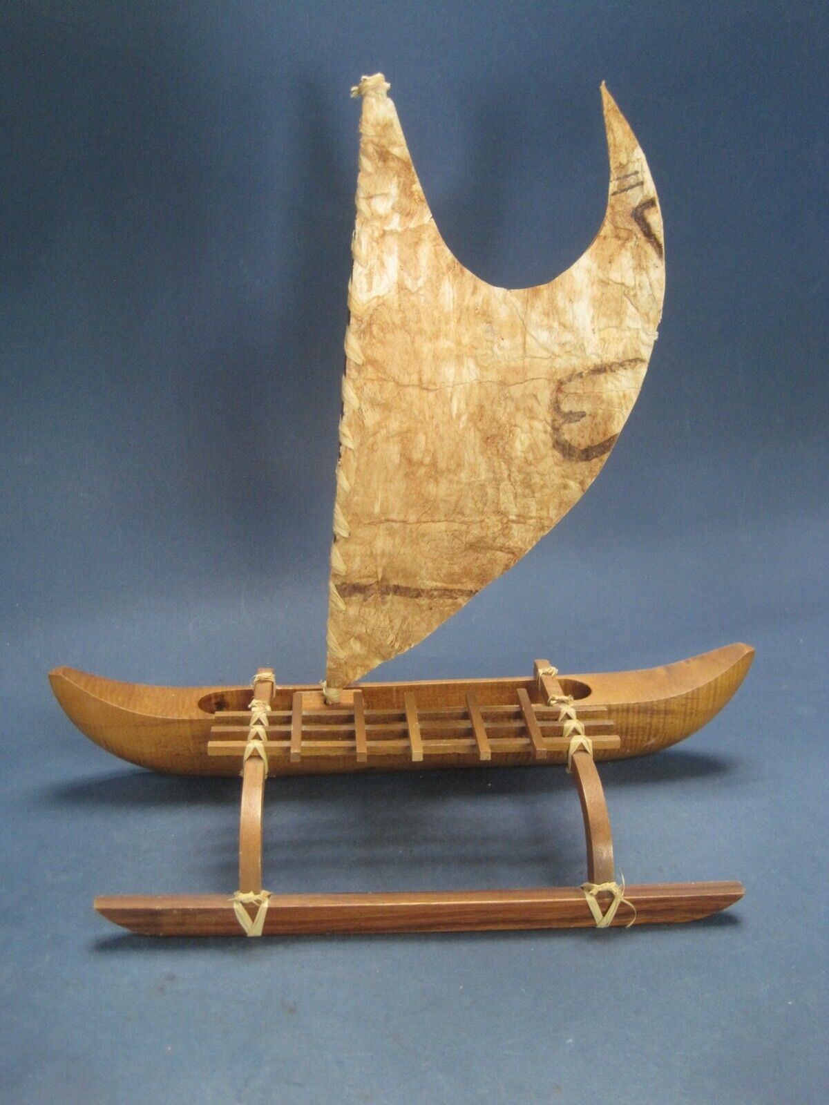 Vintage Hawaiian Curly Koa Outrigger Canoe w Tapa Sail 13.75