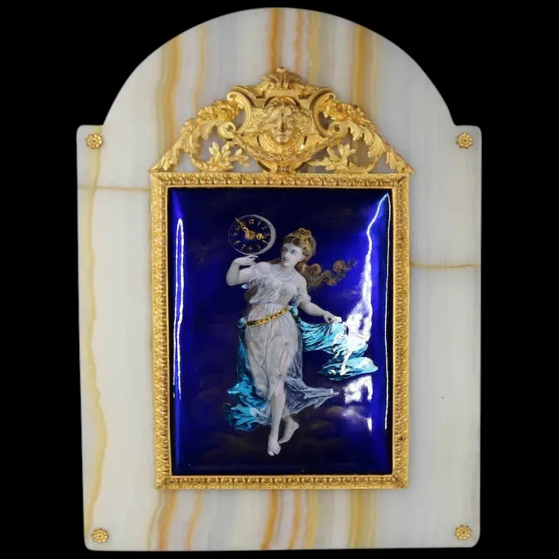 Timeless Elegance 1860's French Louis Table Clock in Alabaster and Blue Enamel