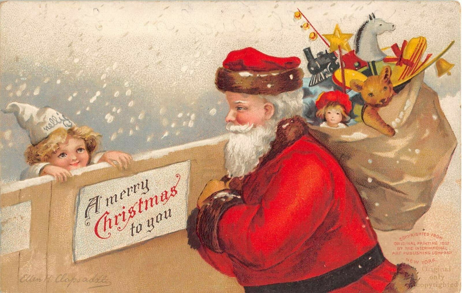 c.1905 signed Clapsaddle Red Coat Santa withToys & Girl Merry Christmas postcard