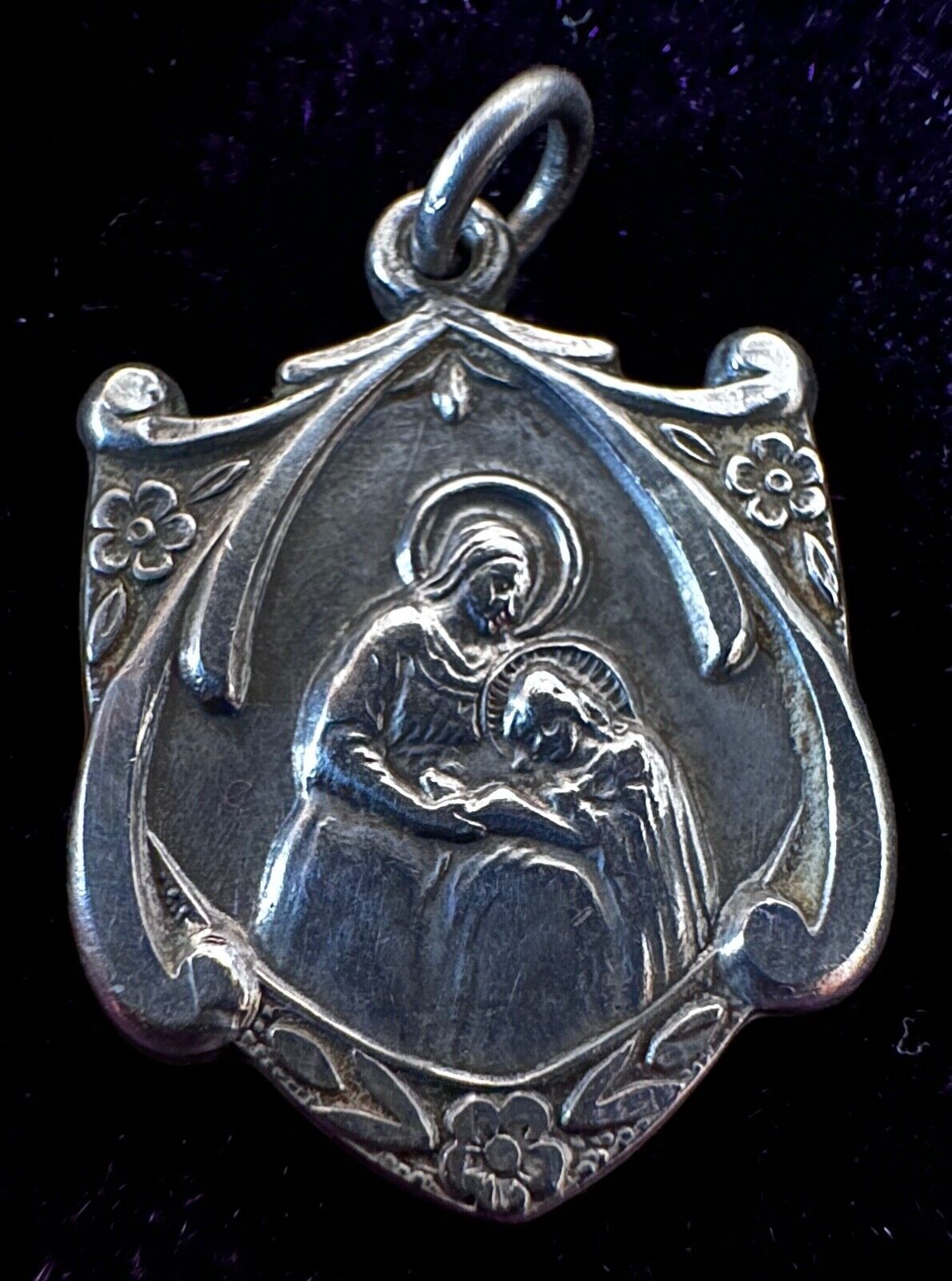 Vintage Floral Ornate Sterling Silver St. Ann Medal w/Guardian Angel on Reverse