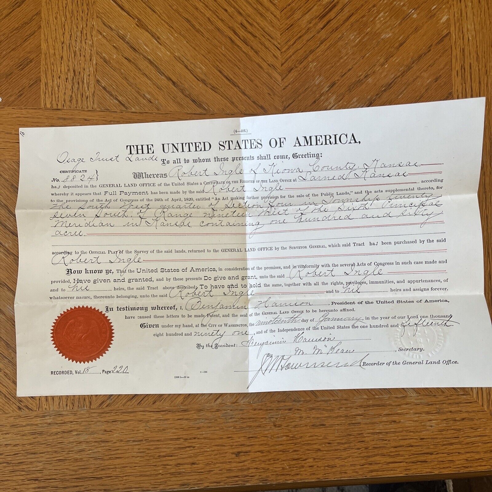 Osage Trust Lands Document 1891 Signed President Benjamin Harrison Kiowa County 